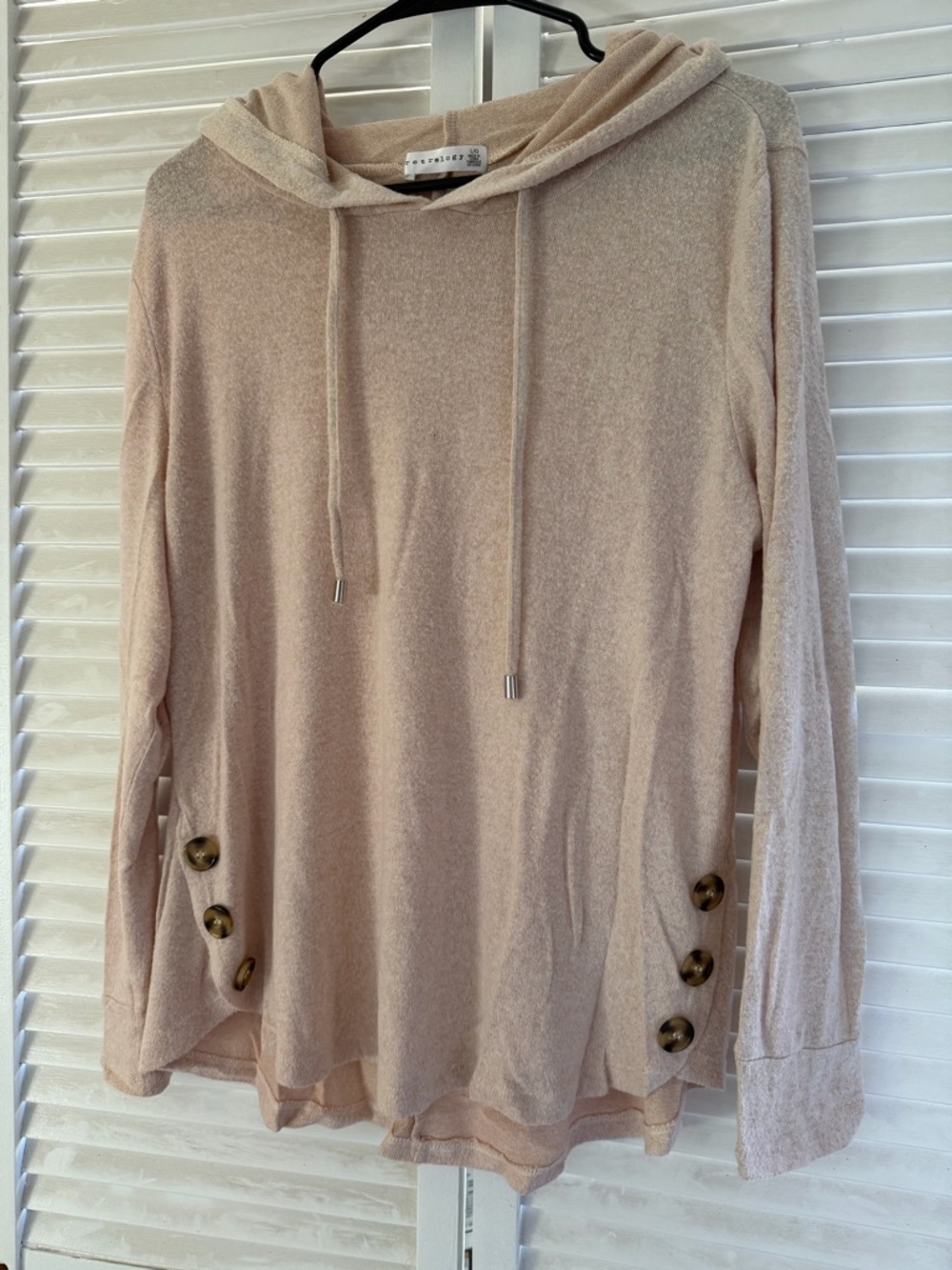 Retrology Hooded Knit Top Women’s Large Beige Lightweight Hoodie Button Detail